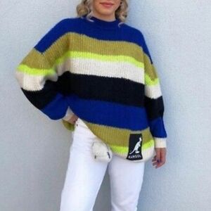 NWT Kangol x H&M Oversize Stripe Sweater Colorblock Pullover Women's XL Blue